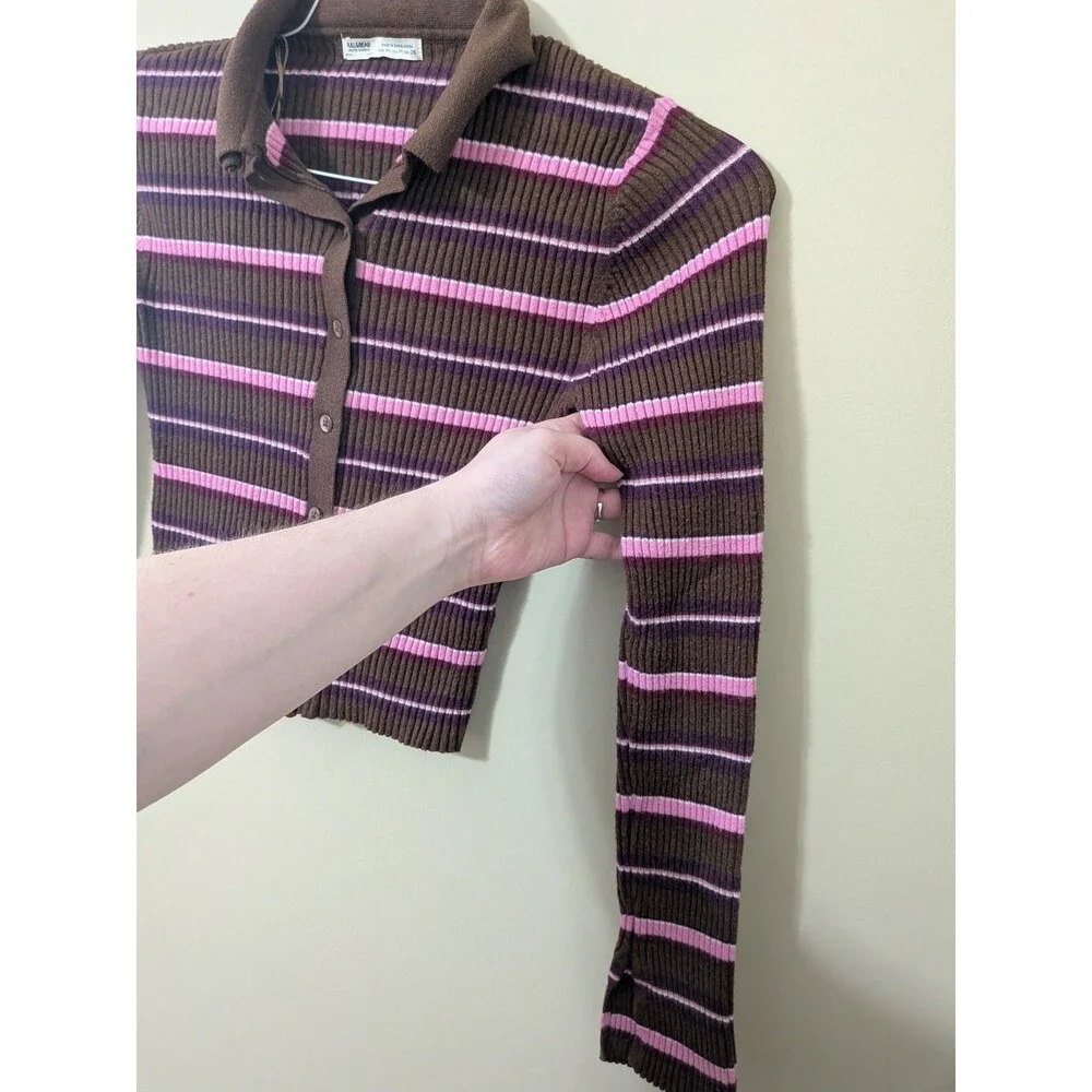 Y2K Brown & Pink Striped Ribbed Knit Polo Cardigan Crop Top